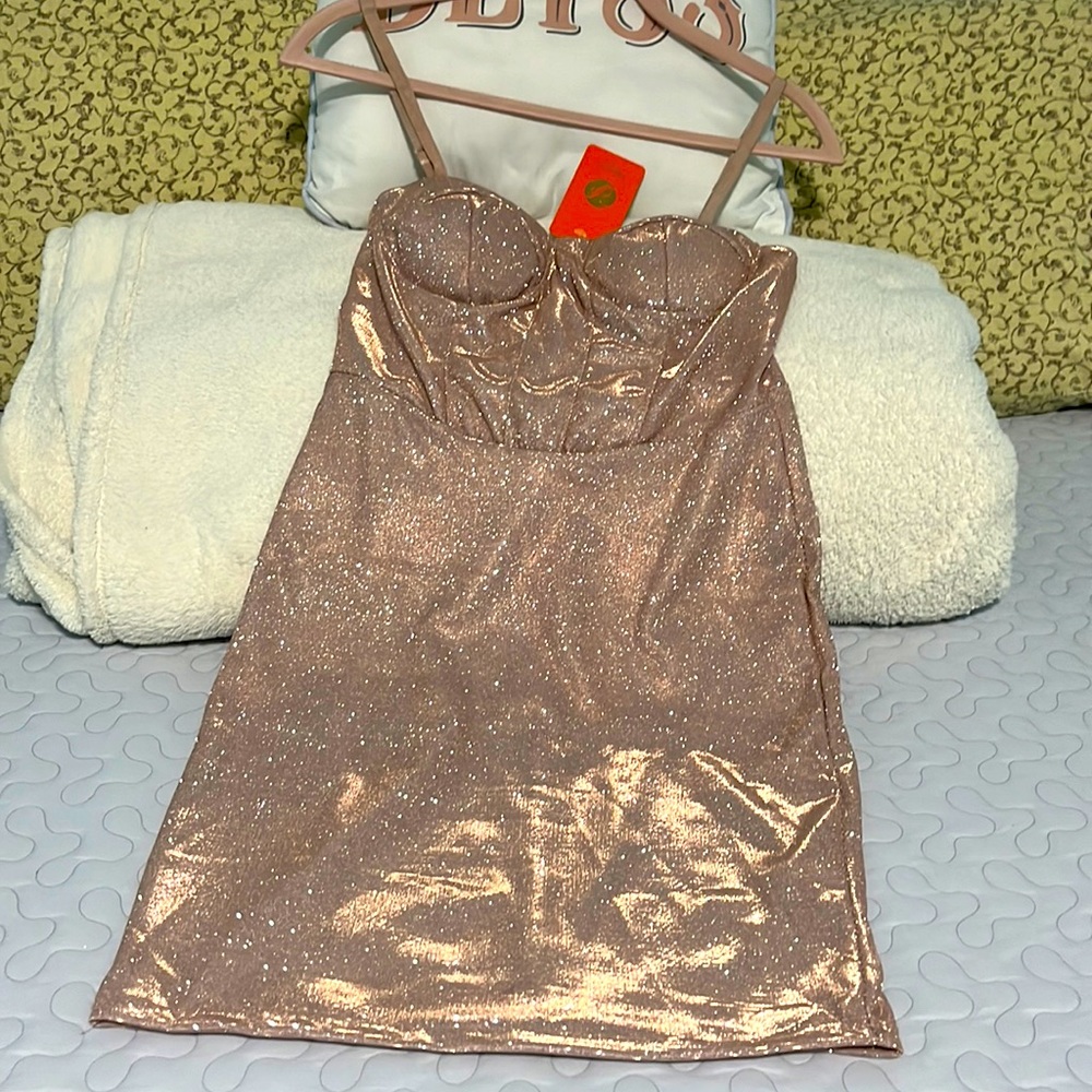 PARISIAN NUDE METALLIC BUST CUP DRESS SIZE M